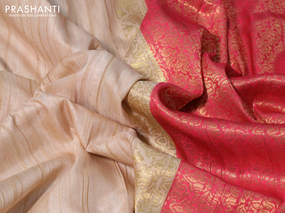 Semi tussar silk saree cream and pink with plain body and long temple design ganga jamuna border