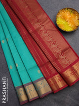 Silk cotton saree teal green and maroon with allover vairaosi pattern & buttas and elephant zari woven border