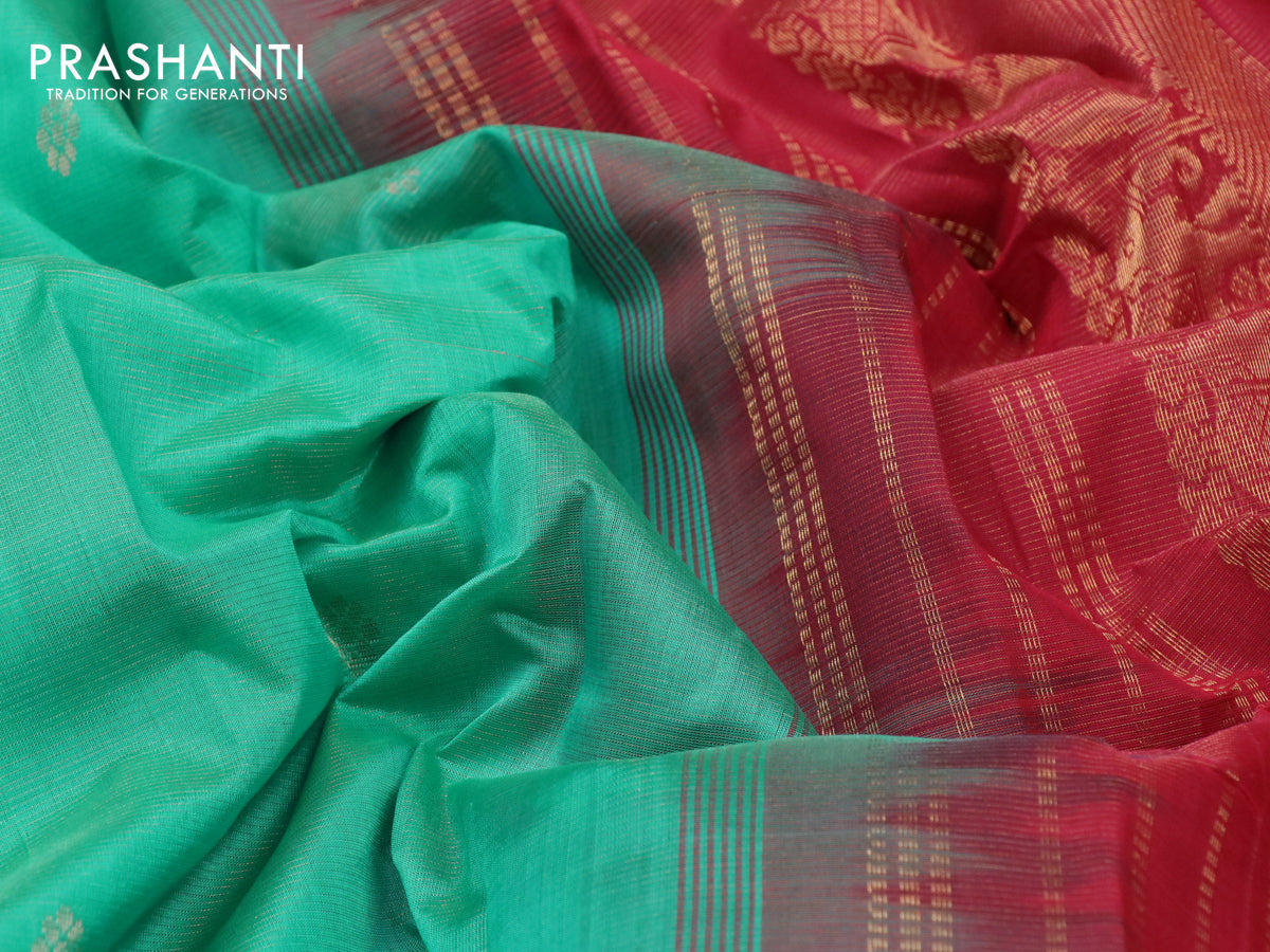 Silk cotton saree teal green and maroon with allover vairaosi pattern & buttas and elephant zari woven border