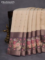 Semi chiniya silk saree cream and greyish brown with allover zari woven buttas and long zari woven floral printed border