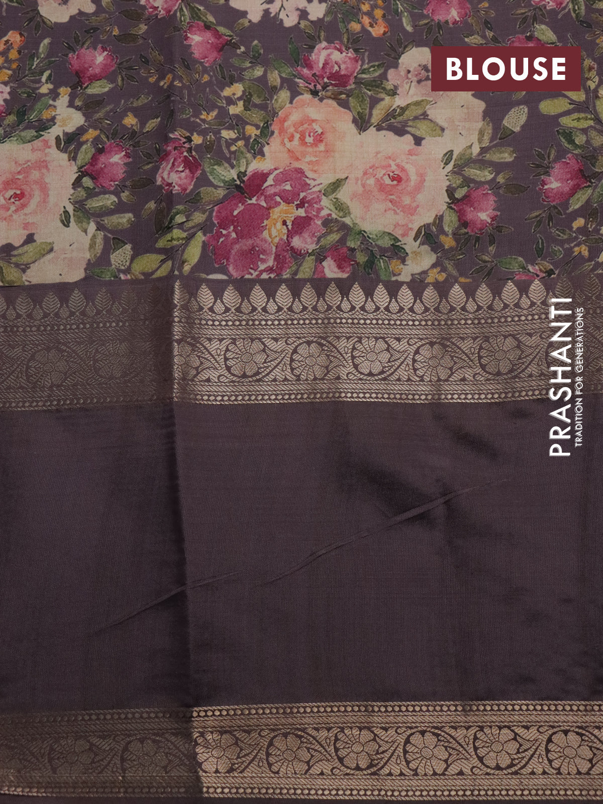 Semi chiniya silk saree cream and greyish brown with allover zari woven buttas and long zari woven floral printed border