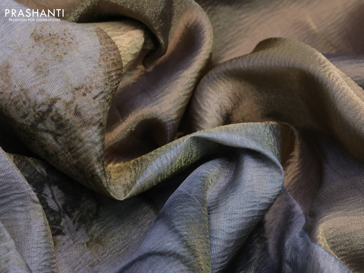 Crushed tissue saree grey with allover digital prints and zari woven border