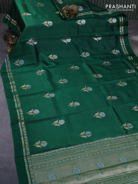 Banarasi poona silk saree dark green and red with zari woven floral buttas and zari woven simple border