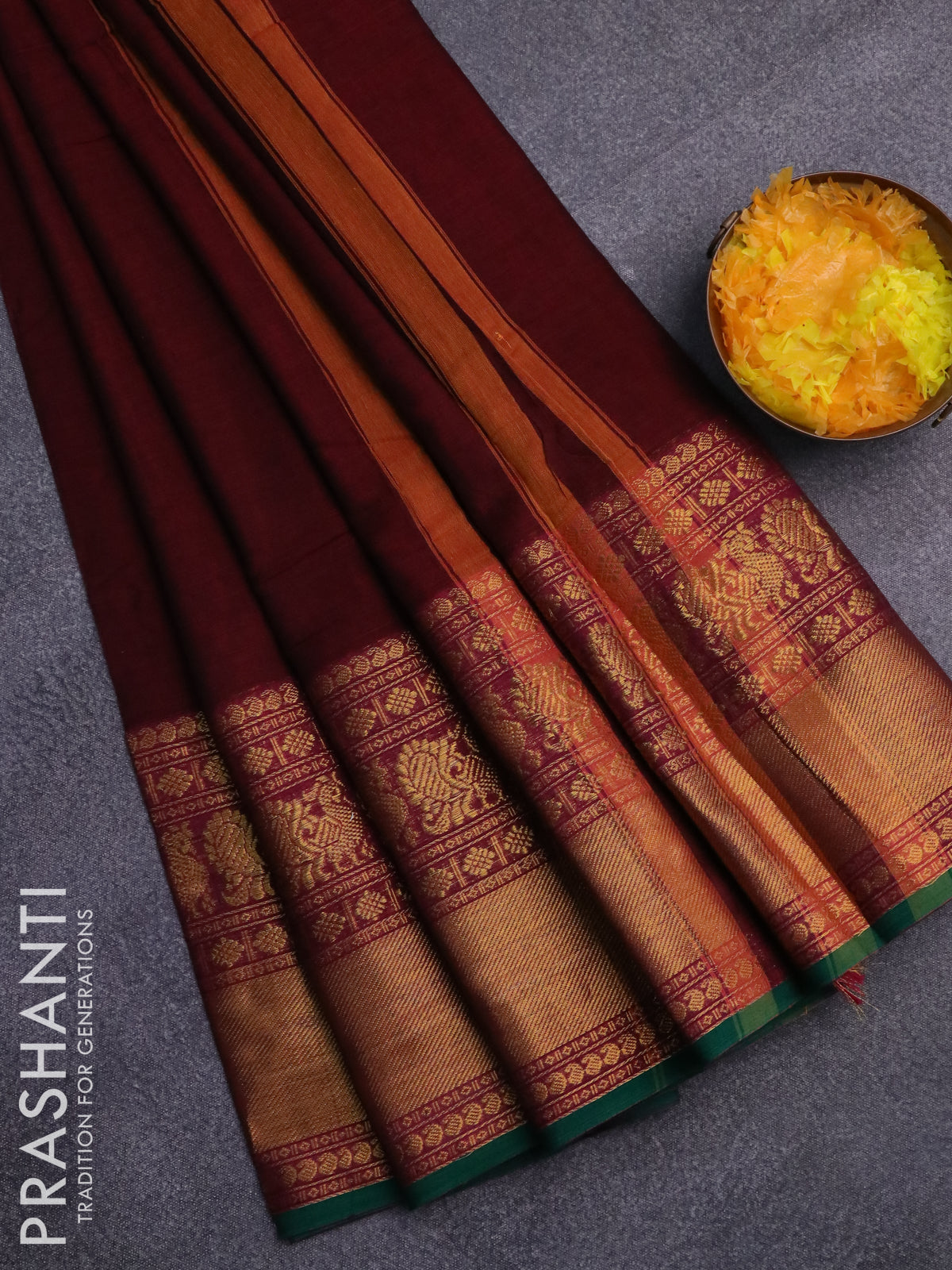 Narayanpet cotton saree maroon and green with plain body and long annam zari woven border