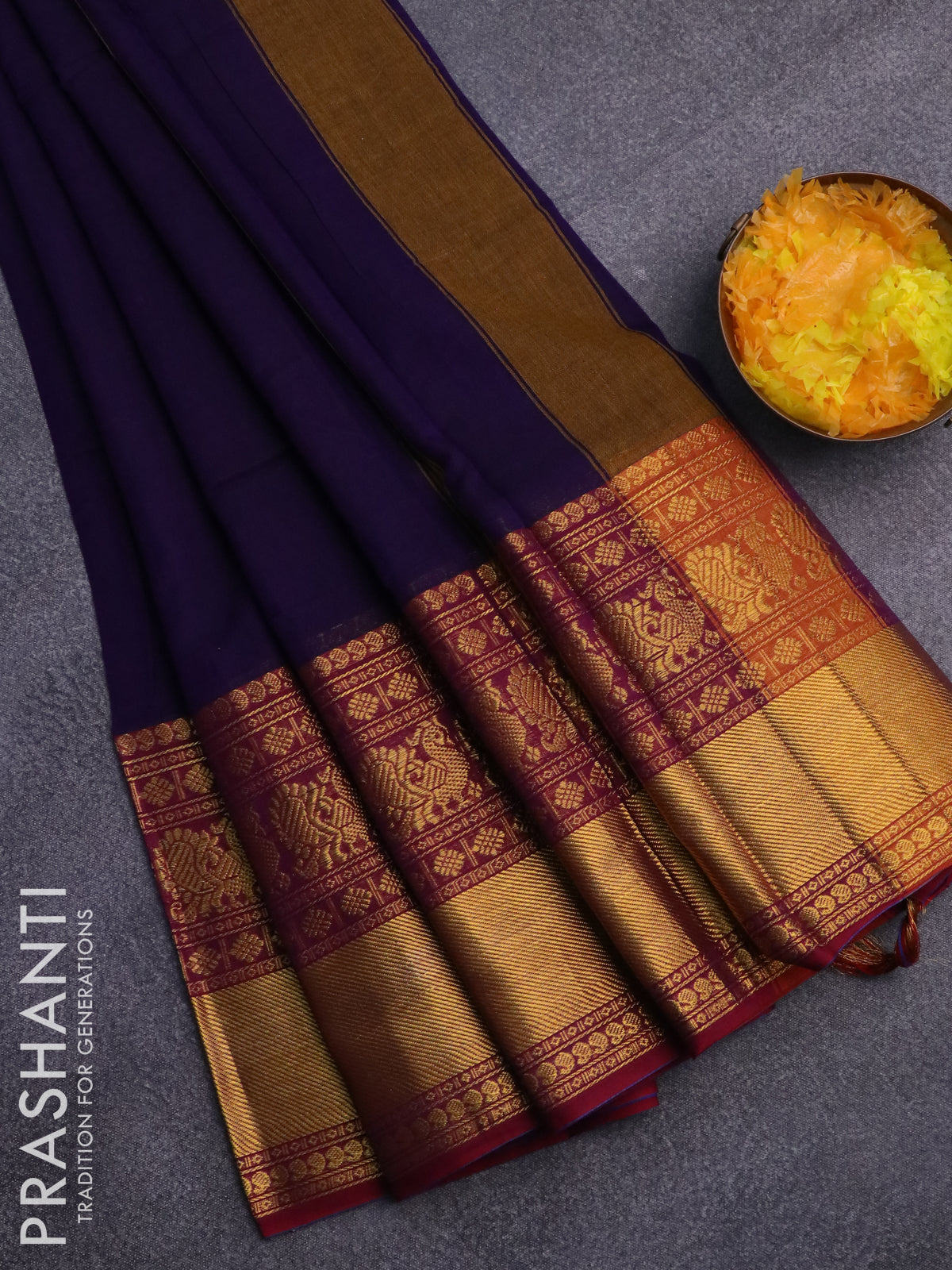 Narayanpet cotton saree deep violet and maroon with plain body and long annam zari woven border