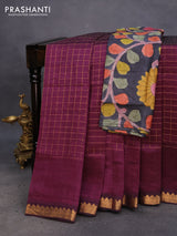 Mangalgiri silk cotton saree purple and elephant grey with allover zari checked pattern and zari woven border & hand painted kalamkari blouse