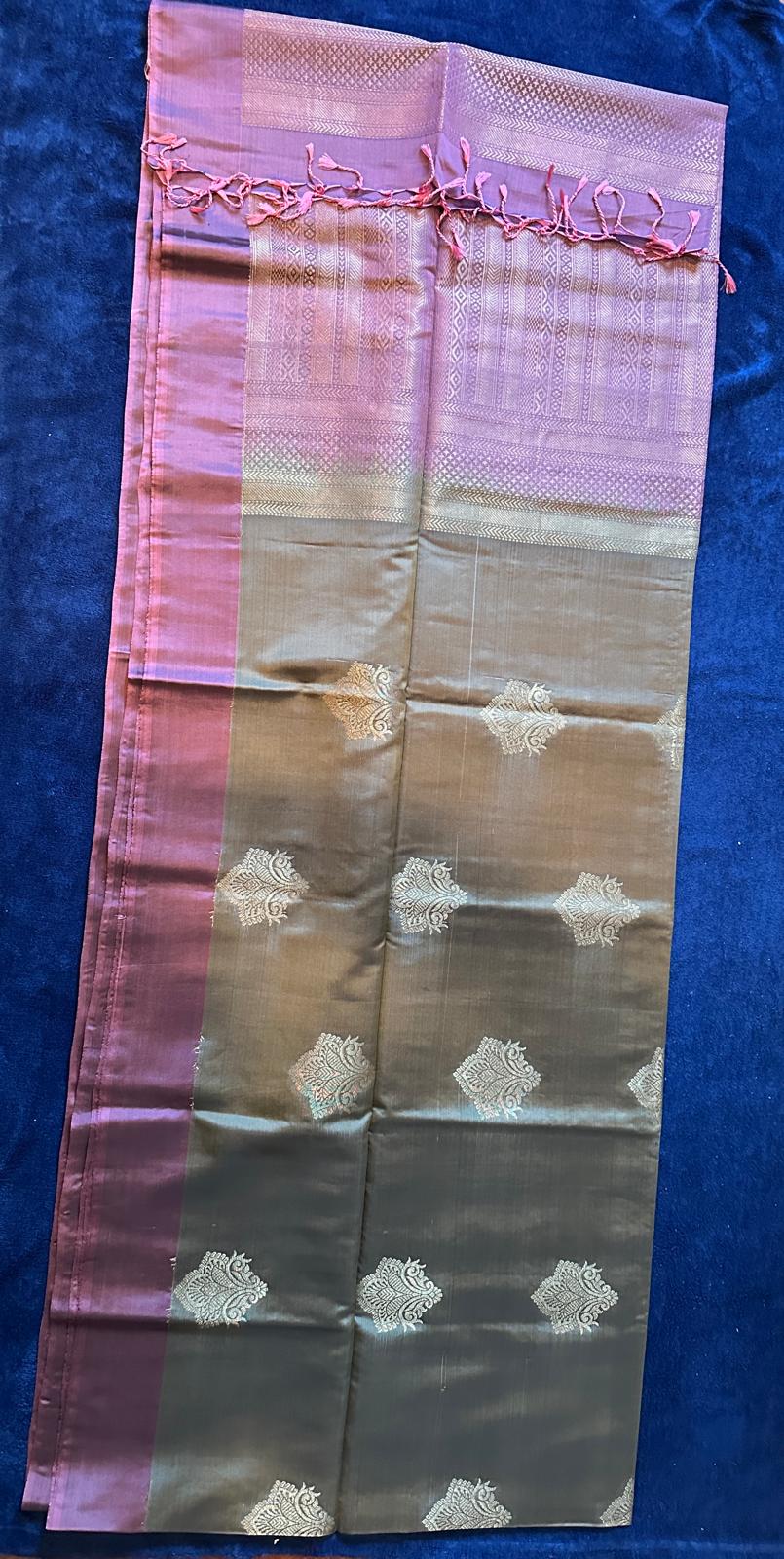 Pure Mix Budget Kanchipuram Silk Sarees - Mettalic Olive Green with Pink