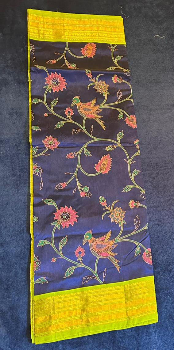 Silk Cotton Kalamkari - Dark Blue withLigh Green