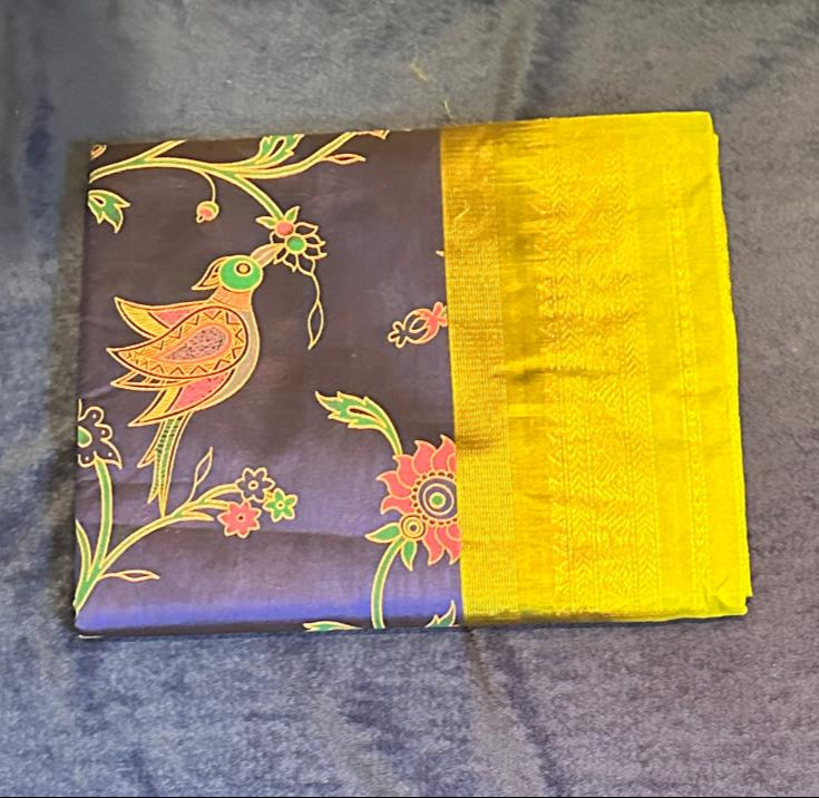 Silk Cotton Kalamkari - Dark Blue withLigh Green