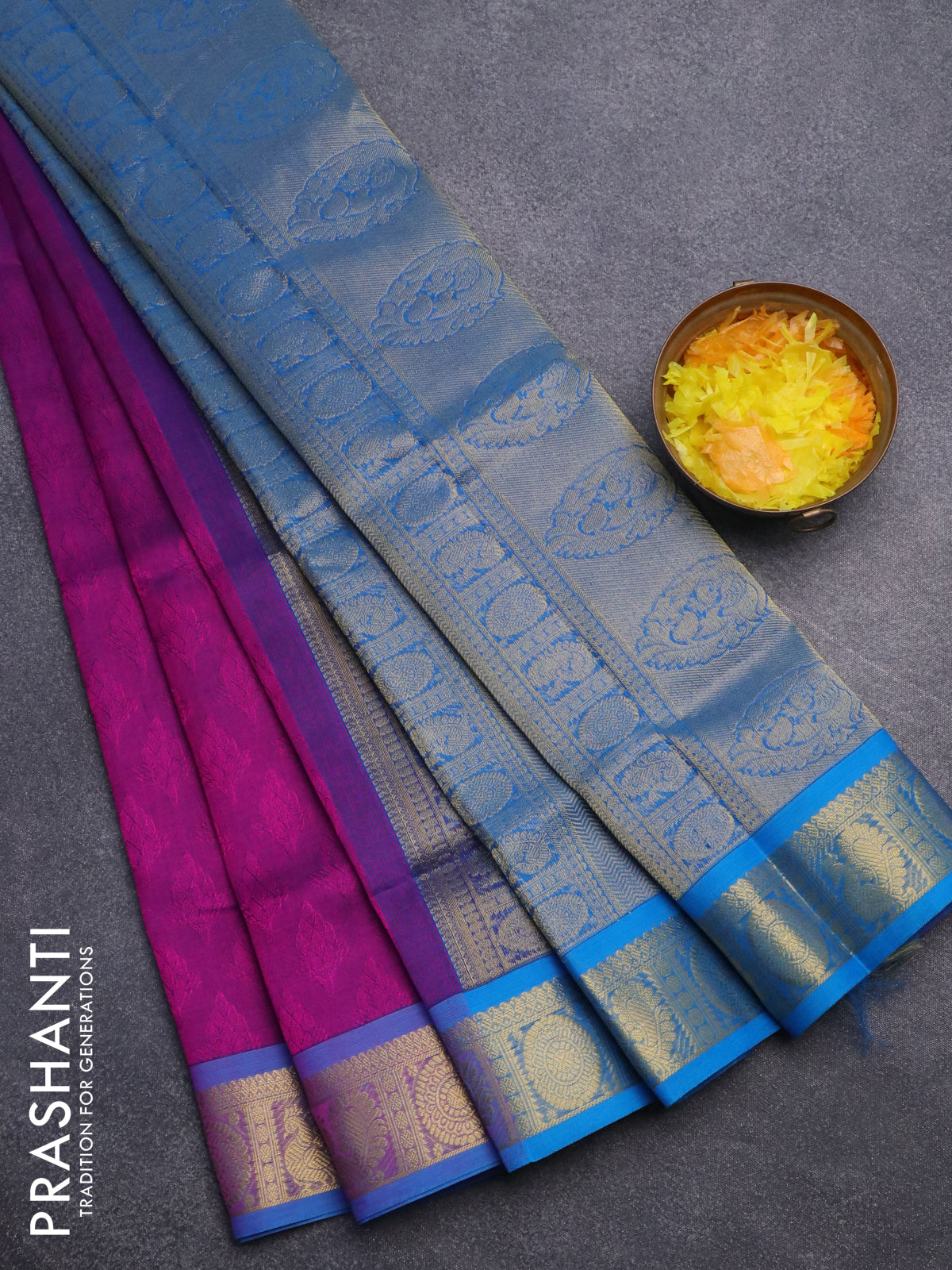 Silk cotton saree purple and cs blue with allover self emboss jacquard and annam & rudhraksha zari woven border