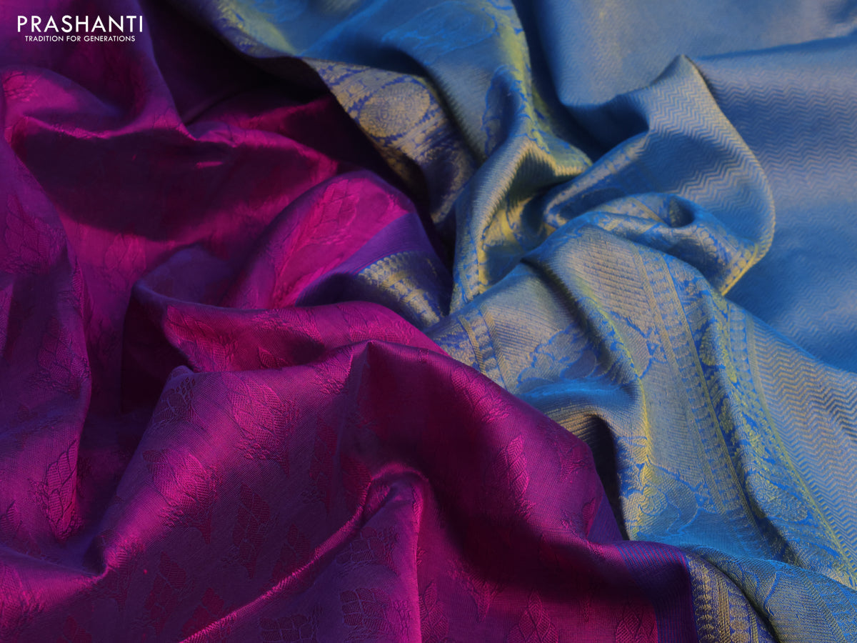 Silk cotton saree purple and cs blue with allover self emboss jacquard and annam & rudhraksha zari woven border