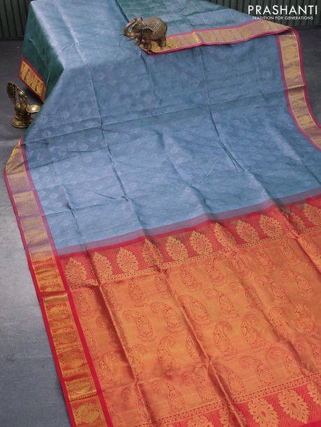 Silk cotton saree dual shade of greish green and red with allover self emboss jacquard and annam zari woven border