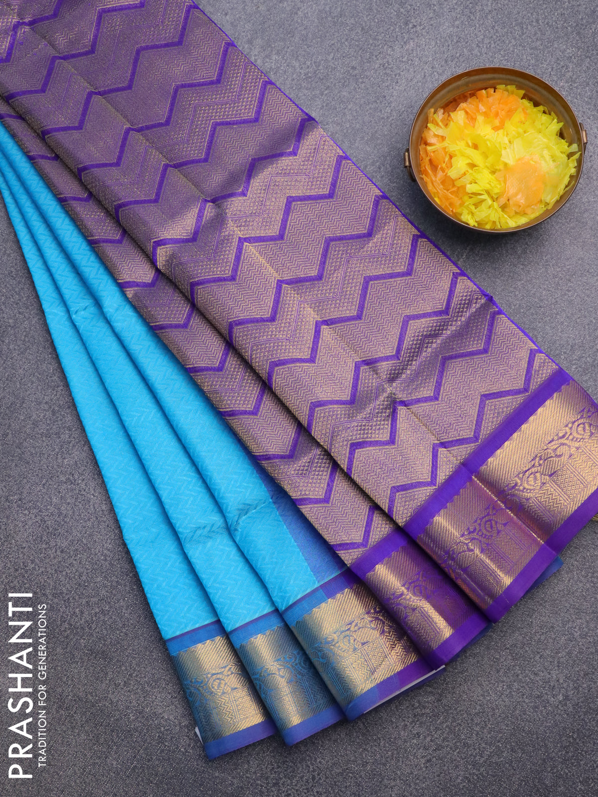 Silk cotton saree cs blue and blue with allover self emboss jacquard and rich zari woven border