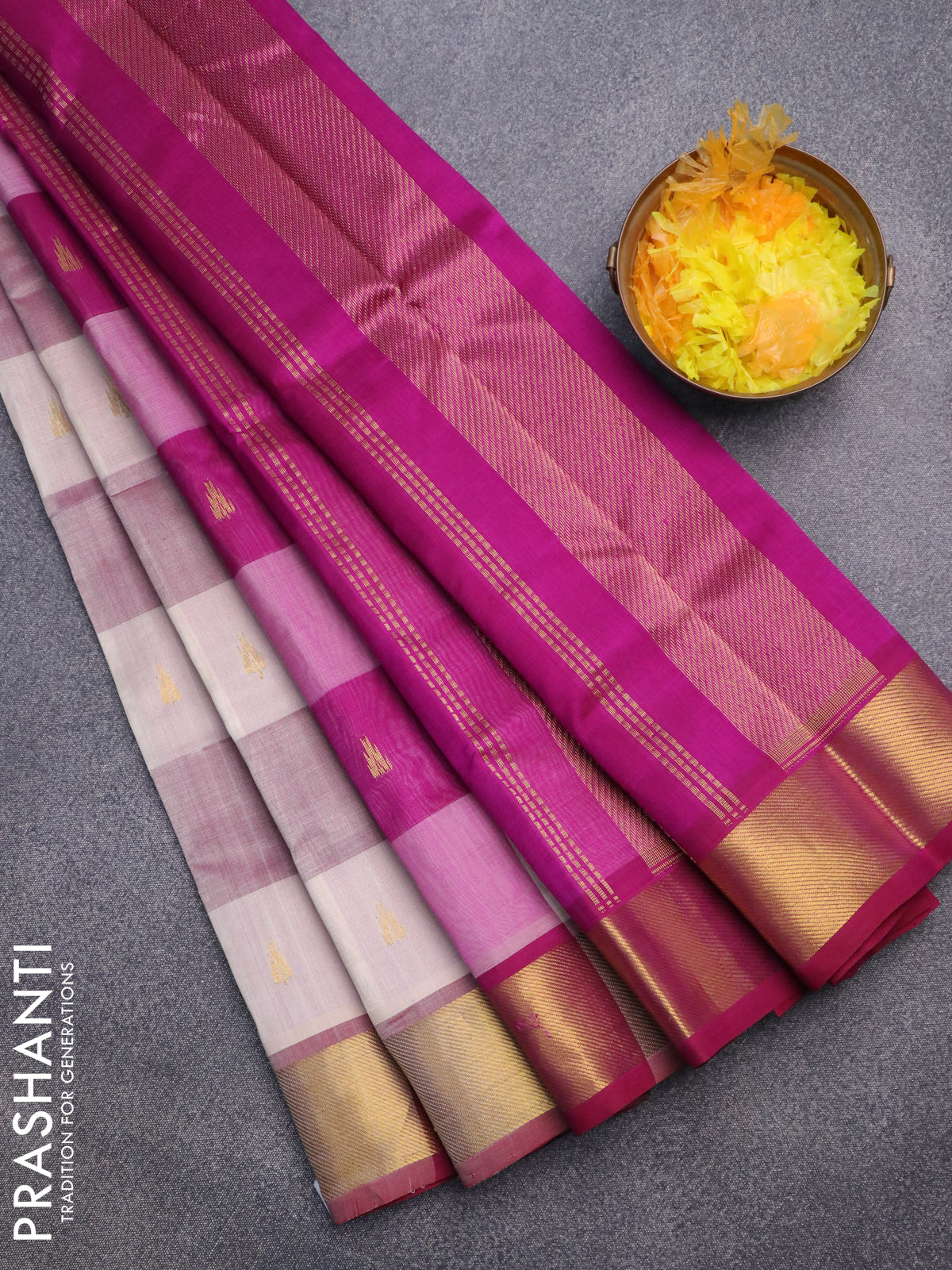 Silk cotton saree cream and purple with allover paalum pazhamum checks & temple zari buttas and zari woven border