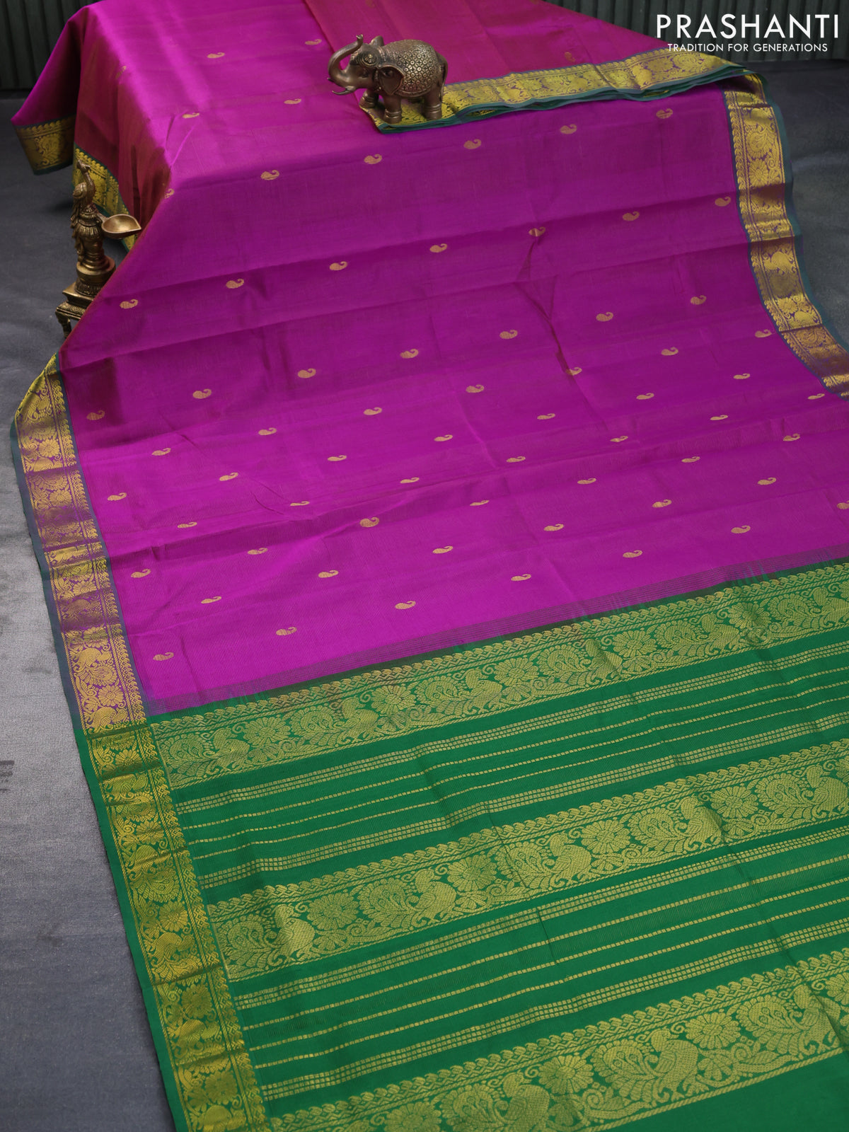 Silk cotton saree purple and green with allover vairosi pattern & zari buttas and annam zari woven border