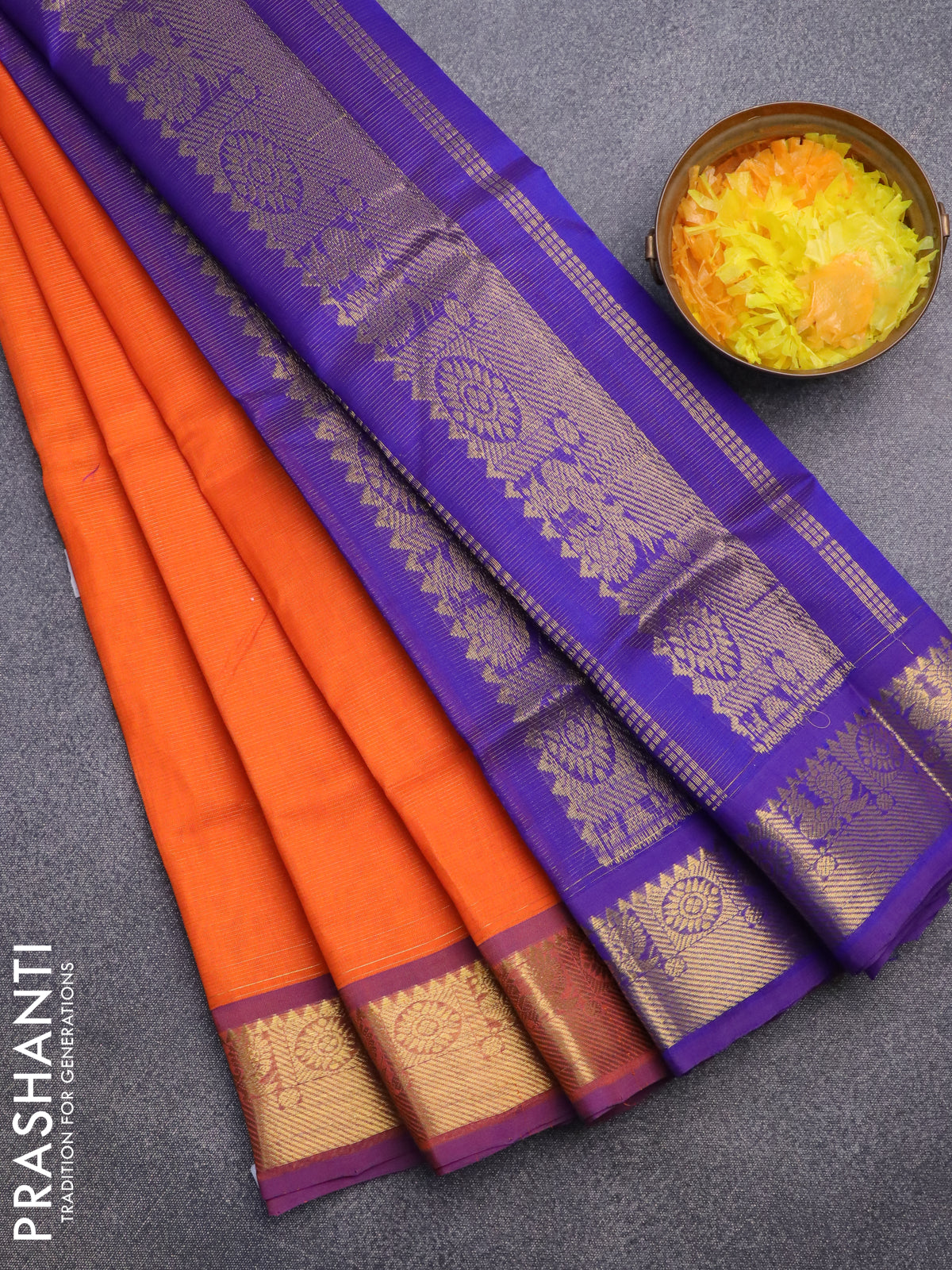 Silk cotton saree orange and violet with allover vairosi pattern & zari buttas and annam & temple design zari woven border