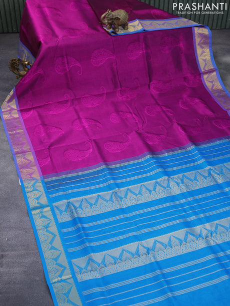 Silk cotton saree purple and cs blue with allover self emboss jacquard and rich zari woven border