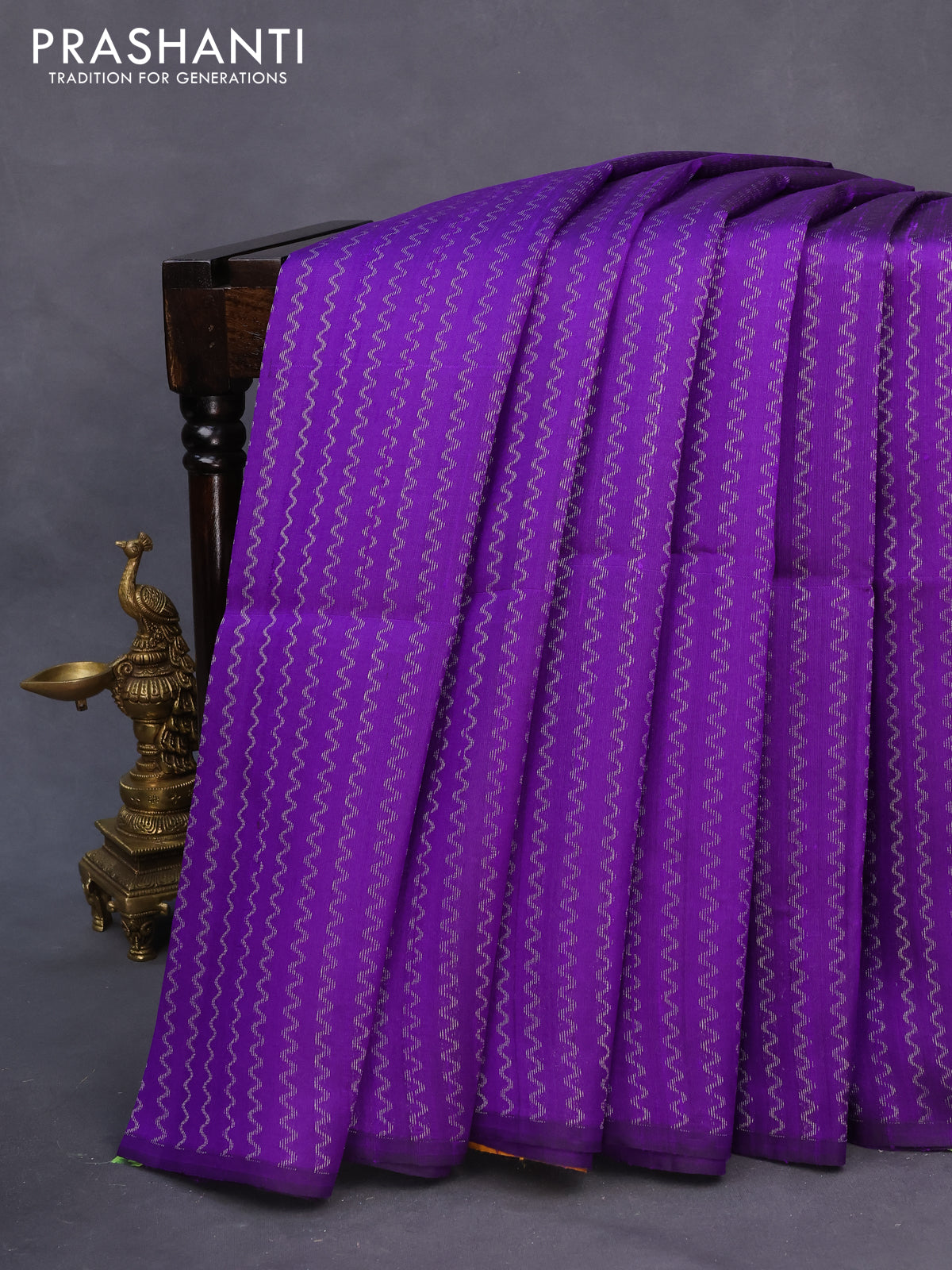 Pure raw silk saree violet and mustard yellow with allover silver zari weaves in borderless style