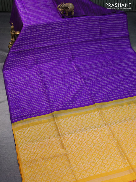 Pure raw silk saree violet and mustard yellow with allover silver zari weaves in borderless style