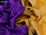 Pure raw silk saree violet and mustard yellow with allover silver zari weaves in borderless style