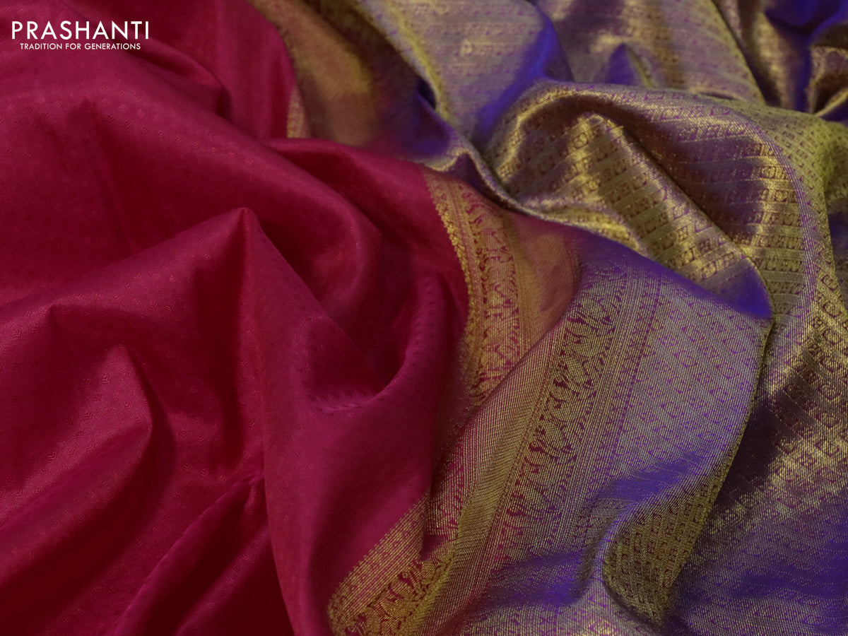 Pure kanchipuram silk saree pink and dual shade of blue with allover self emboss and zari woven border