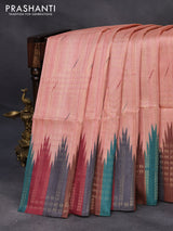 Semi tussar saree peach shade and brown with allover geometric zari weaves & ikat butta prints and temple design border