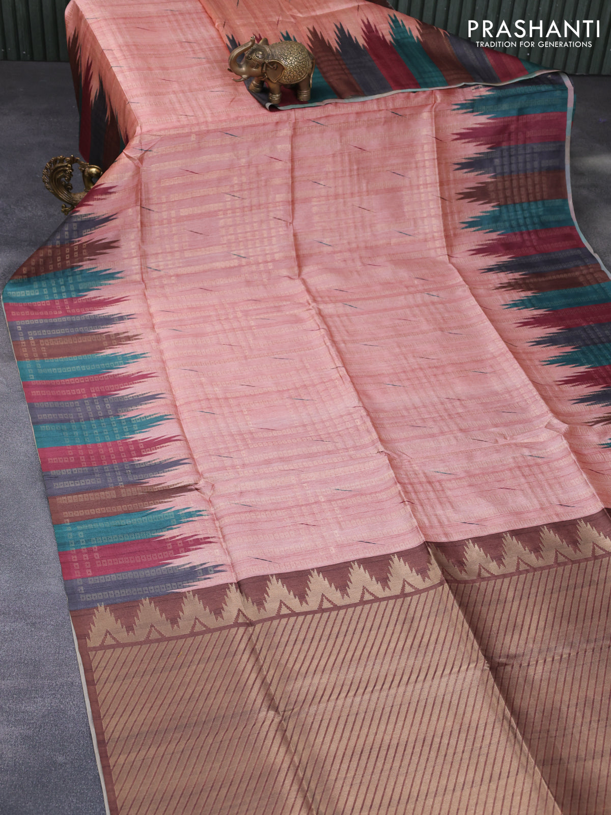 Semi tussar saree peach shade and brown with allover geometric zari weaves & ikat butta prints and temple design border