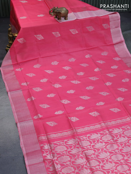 Pure uppada silk saree pink with silver zari woven buttas and silver zari woven border