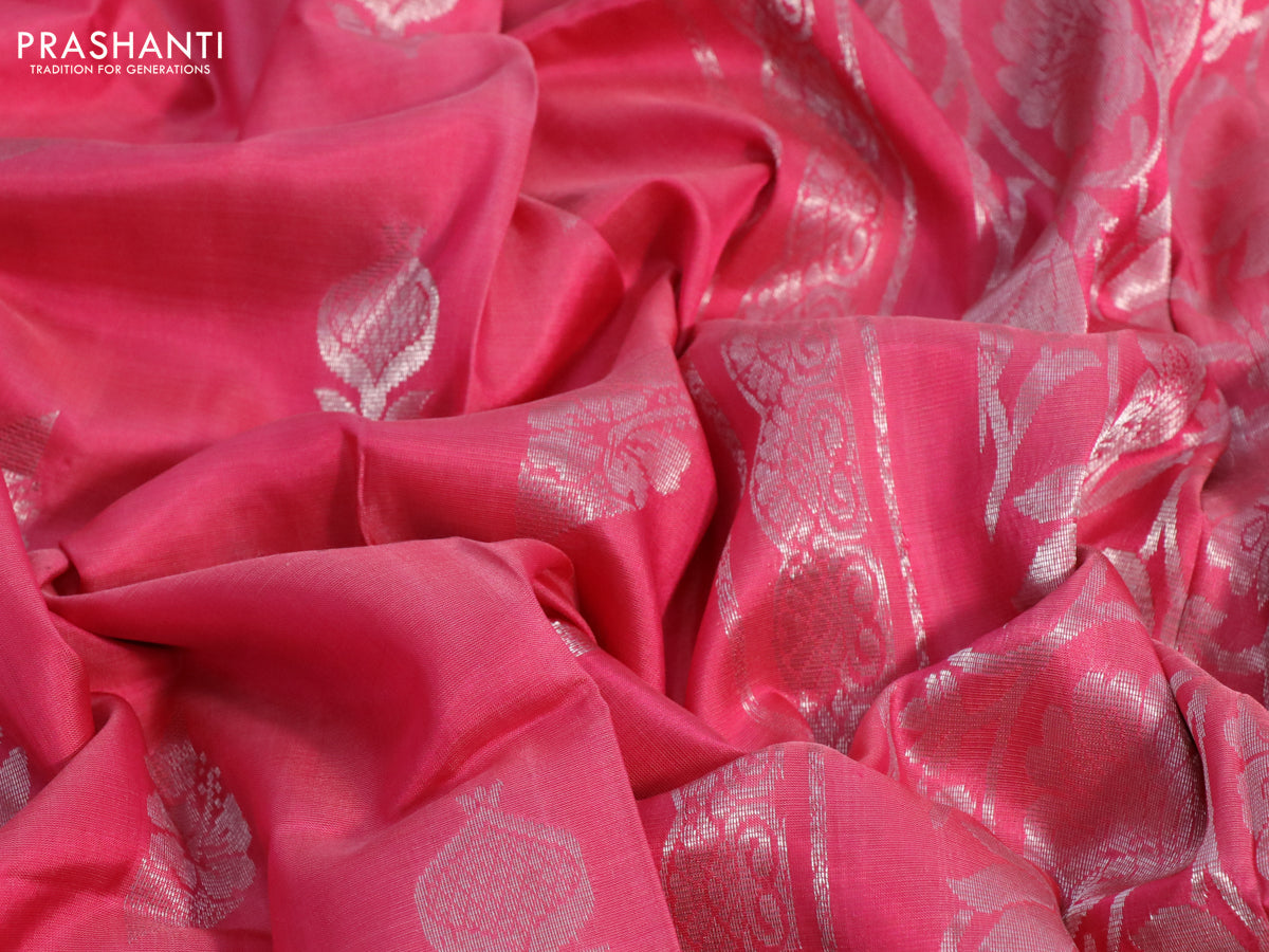 Pure uppada silk saree pink with silver zari woven buttas and silver zari woven border