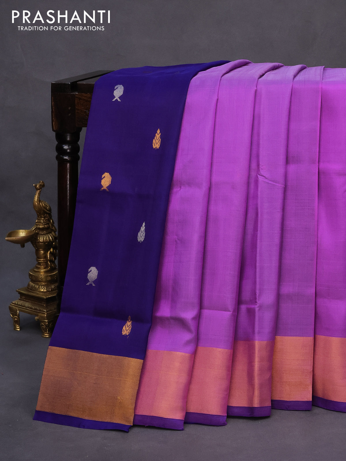 Pure uppada partly silk saree lavender and navy blue with plain body and zari woven border