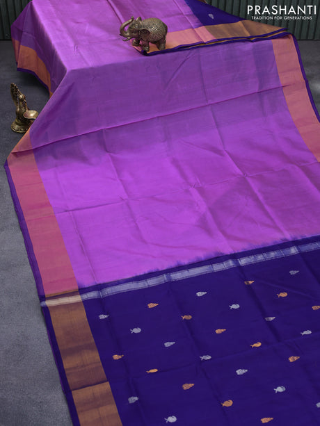 Pure uppada partly silk saree lavender and navy blue with plain body and zari woven border