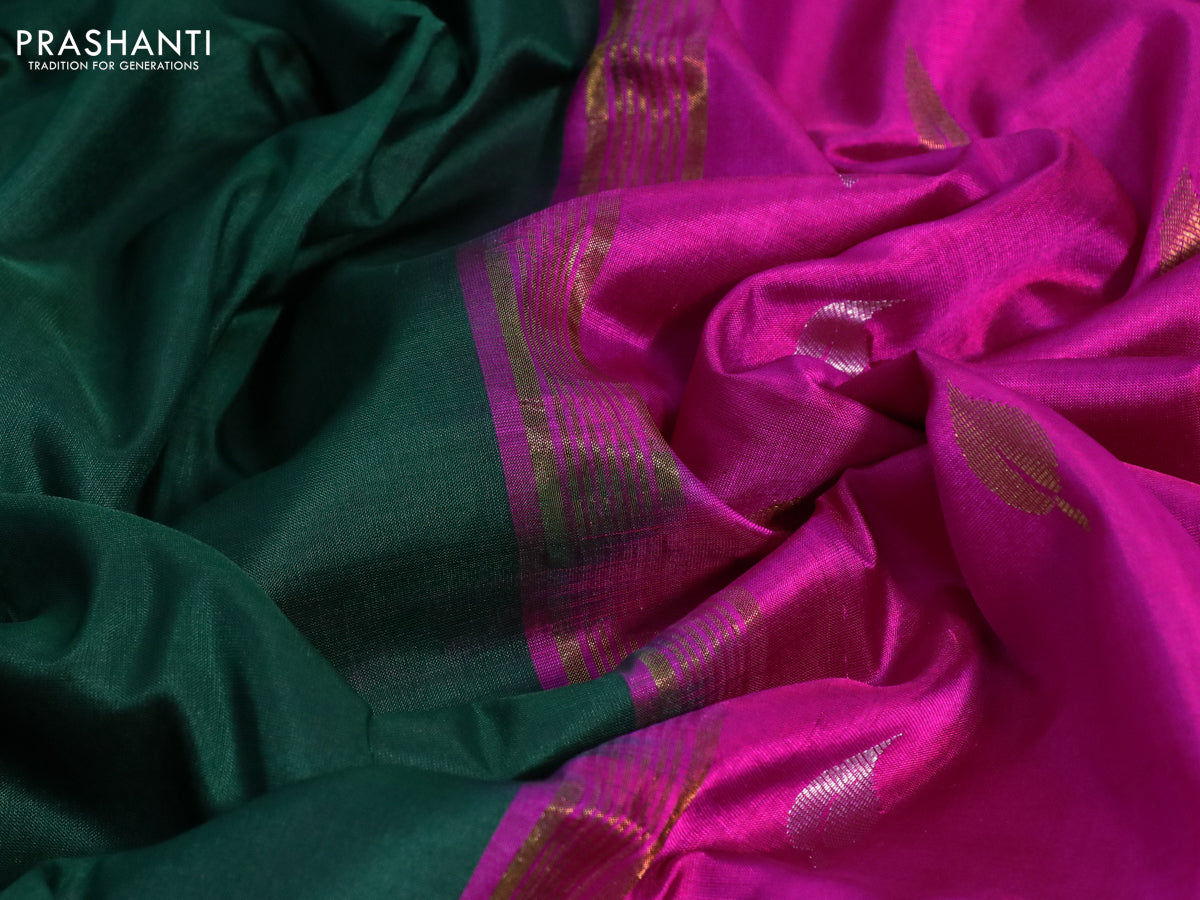 Pure uppada partly silk saree dark green and pink with plain body and zari woven border