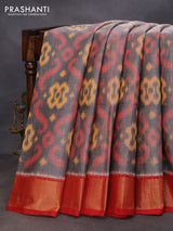 Ikat silk cotton saree grey and red with allover ikat weaves and zari woven border