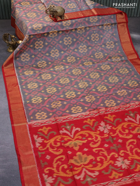 Ikat silk cotton saree grey and red with allover ikat weaves and zari woven border