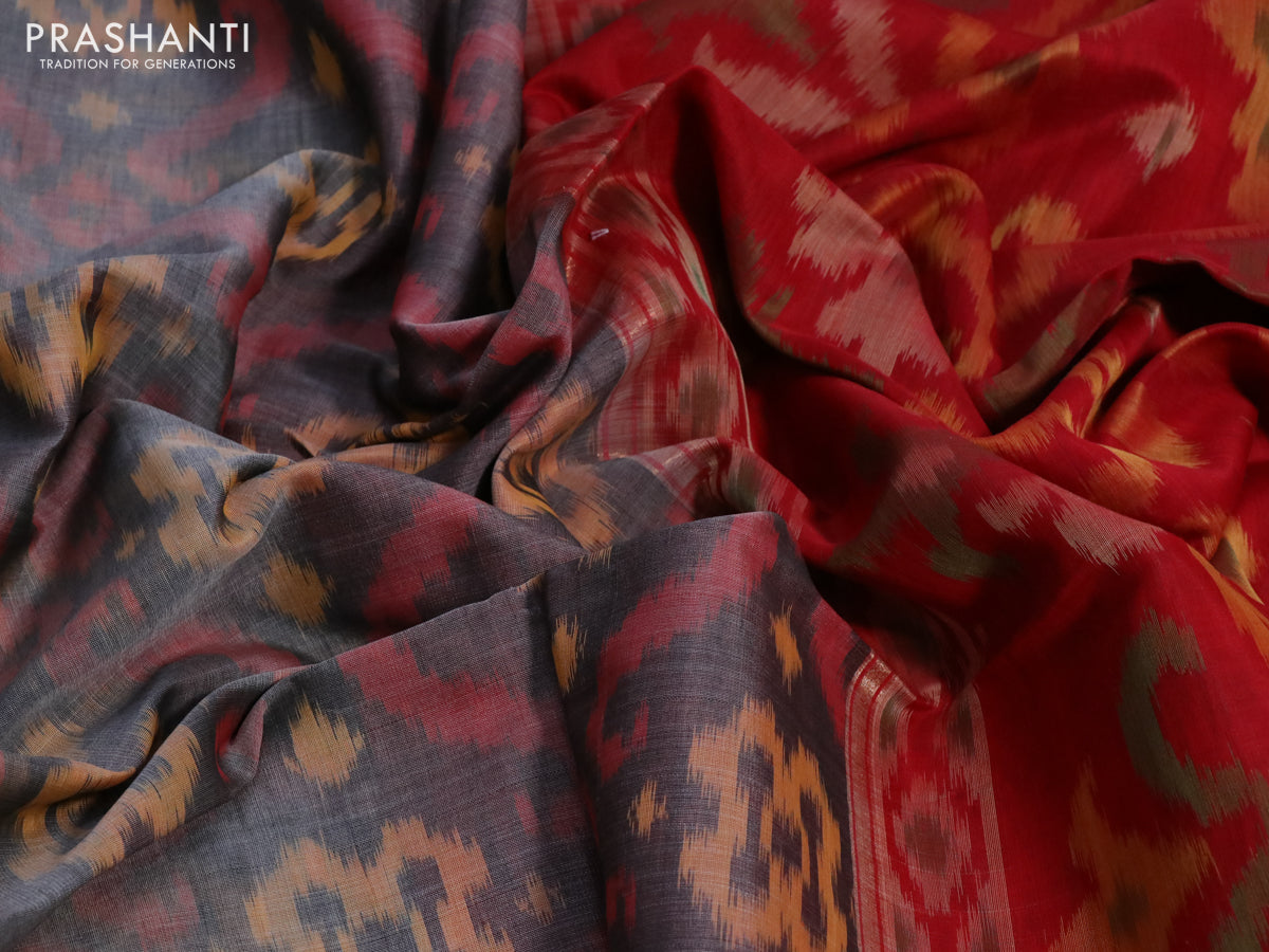 Ikat silk cotton saree grey and red with allover ikat weaves and zari woven border