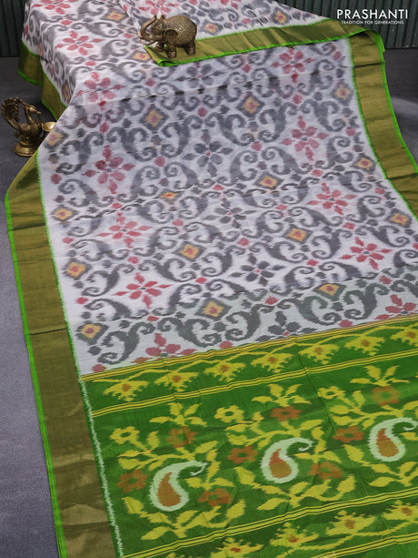 Ikat silk cotton saree off white grey and light green with allover ikat weaves and zari woven border