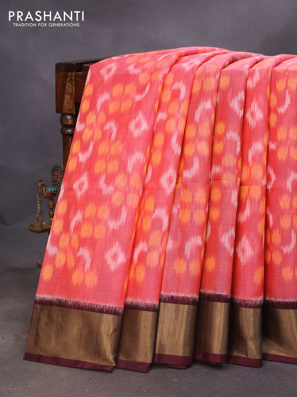 Ikat silk cotton saree pink and deep coffee brown with allover ikat weaves and zari woven border