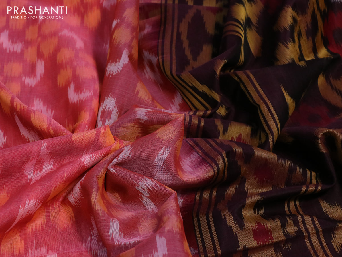 Ikat silk cotton saree pink and deep coffee brown with allover ikat weaves and zari woven border