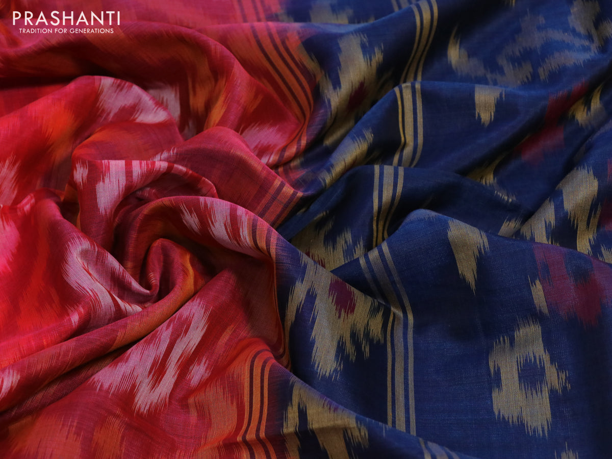 Ikat silk cotton saree pink and peacock blue with allover ikat weaves and zari woven border