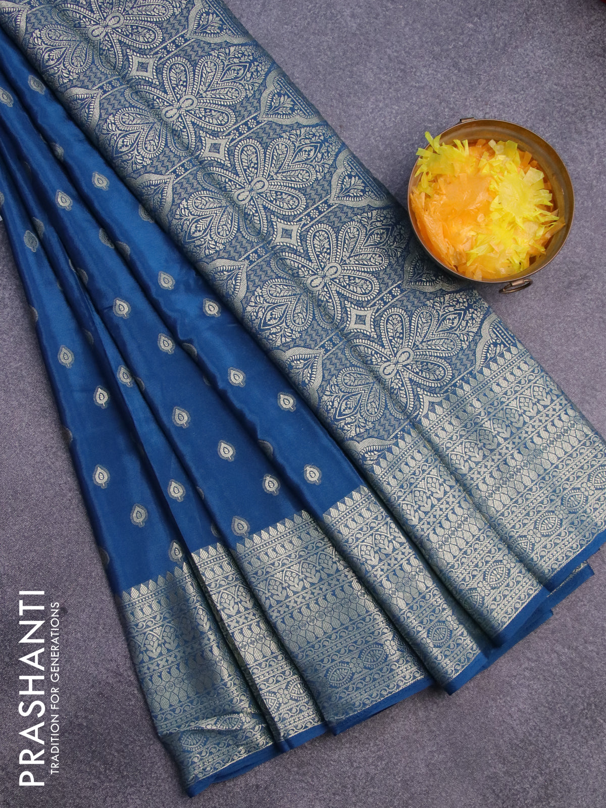 Semi crepe saree peacock blue with thread woven buttas and thread woven border