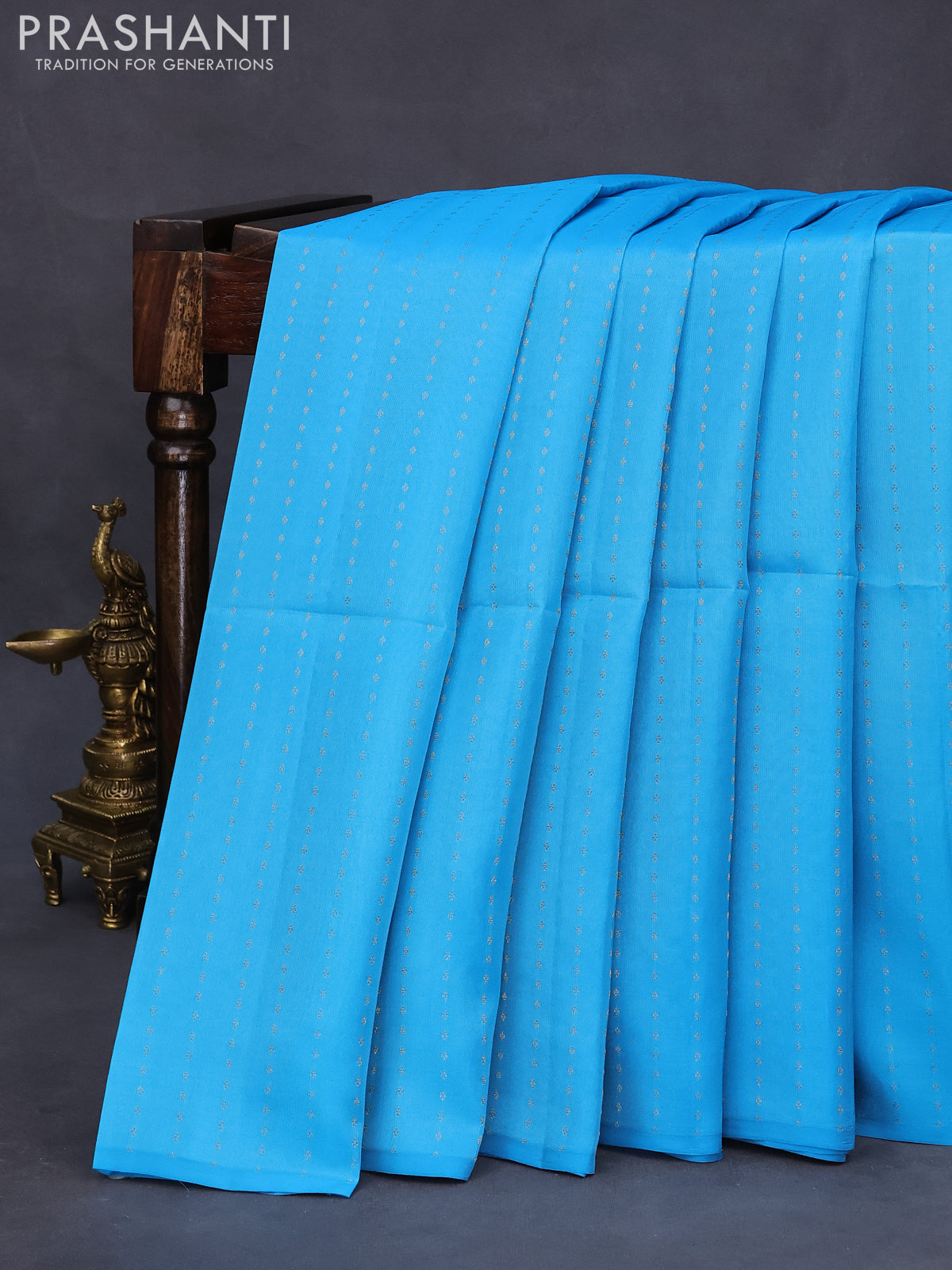 Kanchipuram soft silk saree light blue and purple with allover zari weaves in borderless style