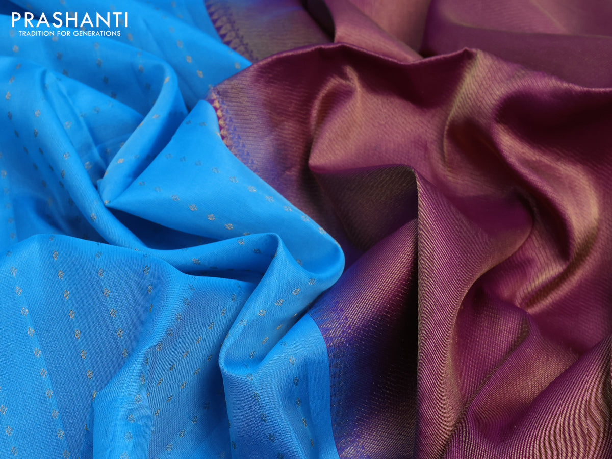 Kanchipuram soft silk saree light blue and purple with allover zari weaves in borderless style