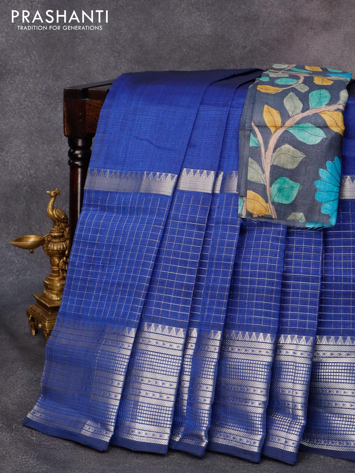 Mangalgiri silk cotton saree royal blue and grey with plain body and long silver zari woven checks border & kalamkari hand painted blouse