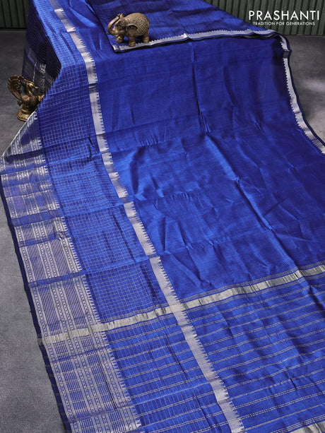 Mangalgiri silk cotton saree royal blue and grey with plain body and long silver zari woven checks border & kalamkari hand painted blouse