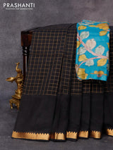 Mangalgiri silk cotton saree black and cs blue with allover zari checked pattern and zari woven border & kalamkari hand painted blouse