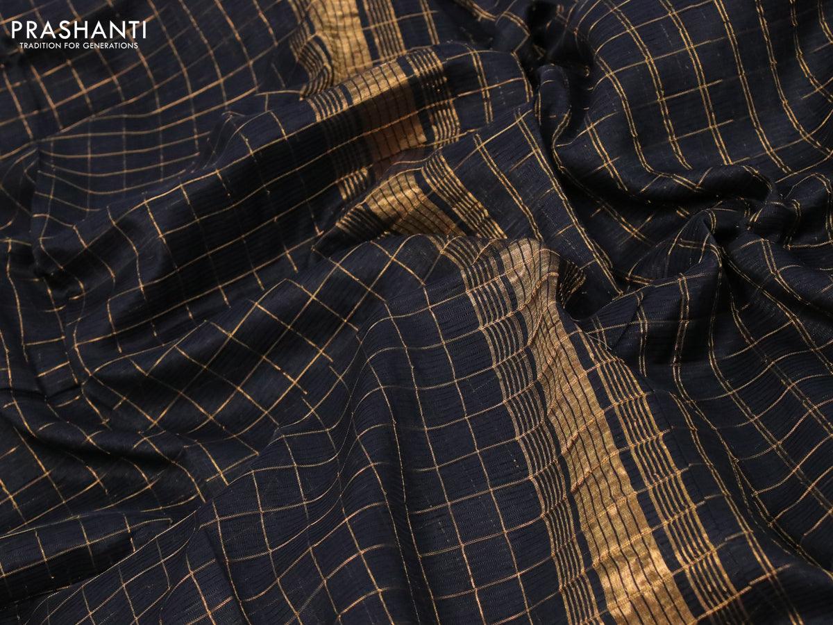 Mangalgiri silk cotton saree black and cs blue with allover zari checked pattern and zari woven border & kalamkari hand painted blouse