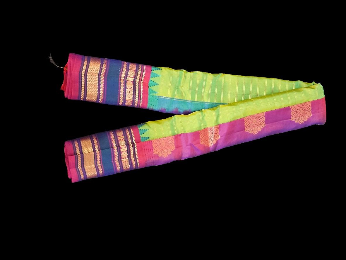 Gadwal Silk - Parrot Green with Blue