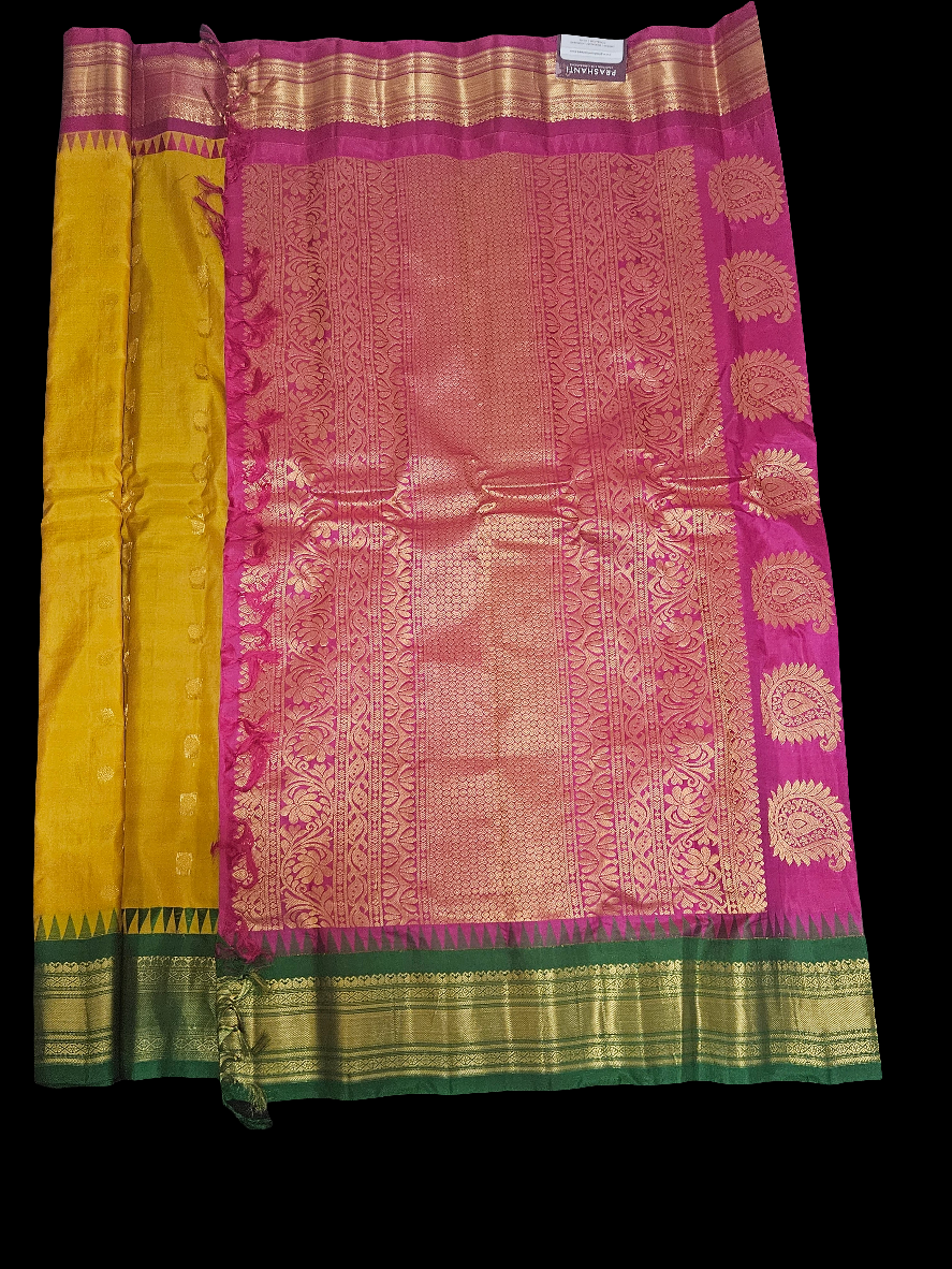 Gadwal Silk - Yellow with Pink and Green