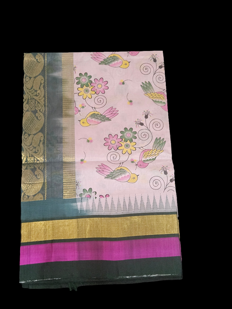 Silk Cotton Kalamkari - Dark Green with Rani Pink