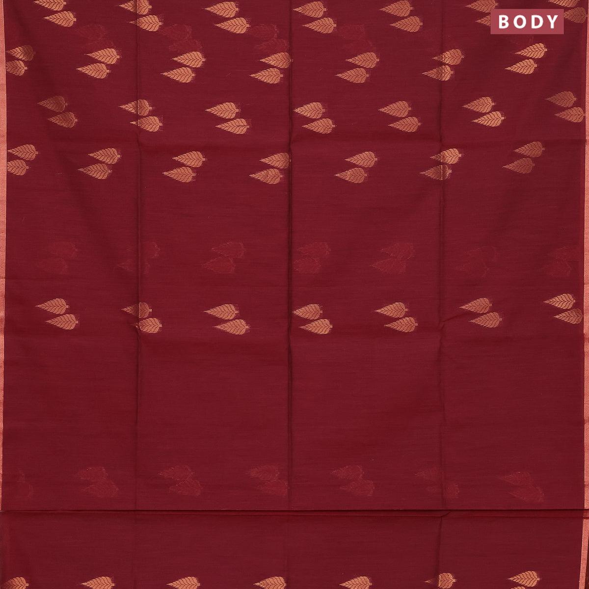 Banarasi semi cotton saree maroon with copper zari woven buttas and piping zari woven border